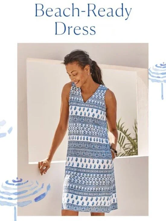 J.Jill Wearever Collection Blue White Sleeveless A-line Beach Dress Pockets - SP - Picture 2 of 9